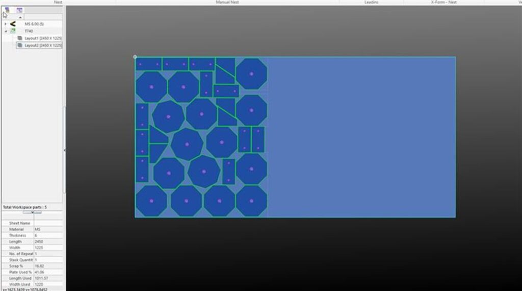 HD SuperNEST engine layout showing improved sheet metal nesting with 16.82% scrap and better material utilisation