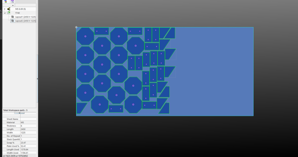 Standard nesting engine layout showing 23.47% scrap on a sheet metal nest before HD SuperNEST optimisation